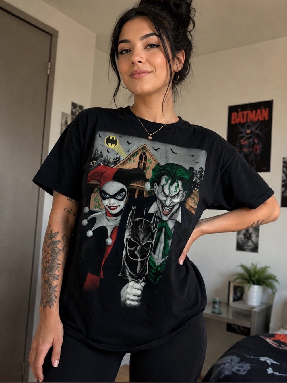 Batman Joker Harley Quinn Graphic T-Shirt Women’s M Black DC Comics Short Sleeve